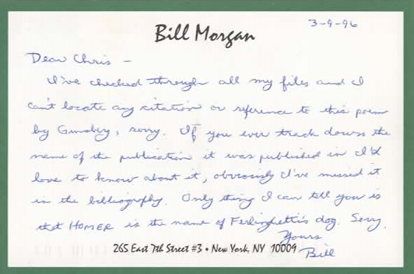 Bill Morgan, postcard to Chris Funkhouser, 1996

